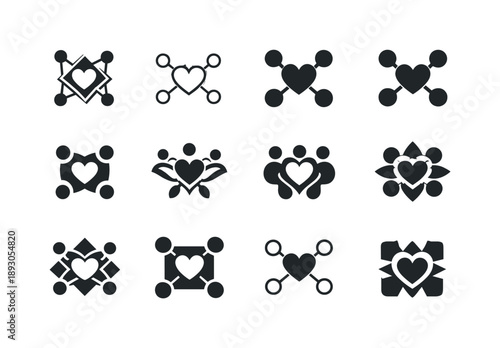 Connected Heart Logos. Connected communities. Icon set. Set Logo of connected communities: heart at center of shared lines. harmonious logo variations of the