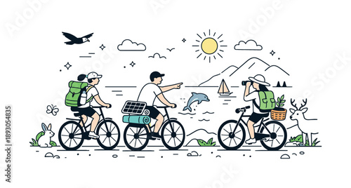 Eco-Friendly Coastal Ride. Sustainable travel scene. People riding bicycles along a scenic coastal trail or mountain path, carrying eco-friendly gear and