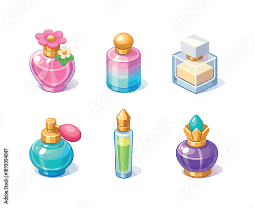 Spring Perfume Icons. Spring fragrance bottles. Isometric flat vector icons set of Spring fragrance bottles: floral glass perfume bottle, pastel gradient