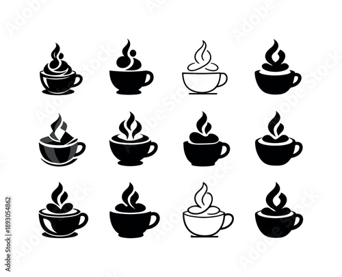 Mindful Coffee Logos. Mindfulness at work. Icon set. Set Logo of Mindfulness at work: coffee cup with zen steam. harmonious logo variations of the same