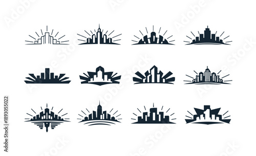 City Skyline Icons. city skyline growth. Icon set. Set Logo of city skyline growth: urban horizon expanding outward. harmonious logo variations of the same