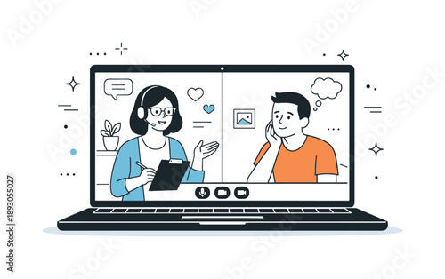 Virtual Therapy Session. Online therapy session. Therapist and client talking through a video call on a laptop screen. Modern mental health support and remote