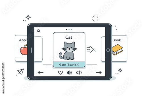 Digital Language Cards. Digital language learning cards. A tablet displays swipeable word cards with icons and short translations, suggesting modern mobile