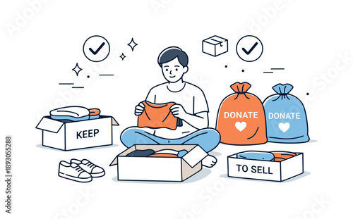 Mindful Decluttering Scene. Decluttering lifestyle scene. A person calmly sorting clothes into boxes and donation bags, focused and mindful cleaning process.