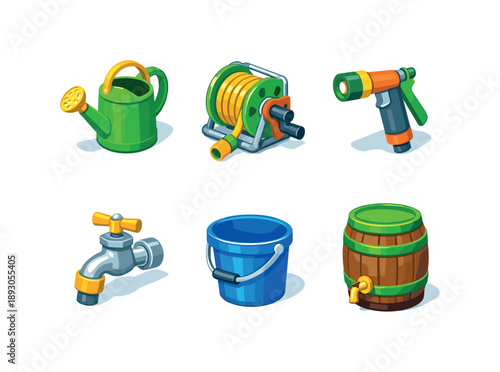 Garden Watering Icons. Garden watering tools. Isometric flat vector icons set of Garden watering tools: watering can, garden hose reel, spray nozzle, outdoor