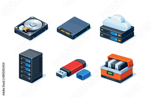 Colorful Data Storage Icons. Data storage. Isometric flat vector icons set of data storage: hard drive unit, solid state drive, cloud storage server, network