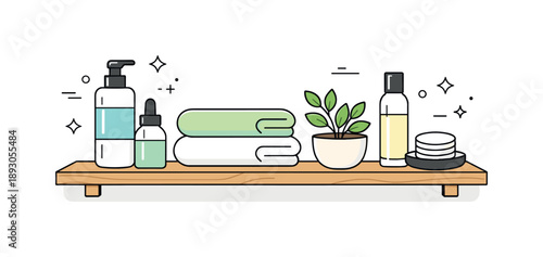Minimalist Bathroom Essentials. Bathroom shelf objects. A neat wooden shelf with glass bottles, folded towels, and a small potted plant. Calm composition