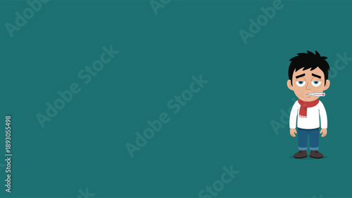 Sick man character with thermometer on dark green background with copy space for healthcare and medical text.
