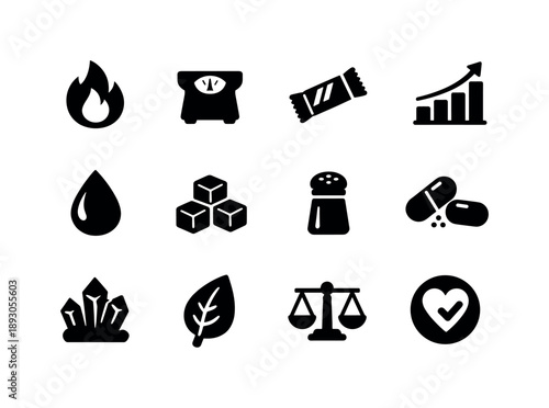 Nutrient Icon Set. Calories and nutrients. Solid icon set of Calories and nutrients: calorie flame, nutrition scale, protein bar, carb graph, fat drop, sugar