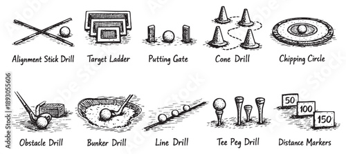 Black and white sketches of golf training drills including alignment sticks, target ladder, cones, putting gate and distance markers. Useful for golf instructions and manuals.