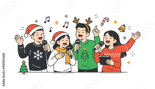 Christmas Karaoke Joy. Group doing Christmas karaoke fun. Friends laughing and singing with expressive but simple gestures. Light humor and joyful seasonal