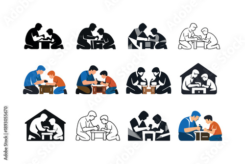 Father-Son Project Logos. A father and son working together on a home improvement project. Icon set. Set Logo of A father and son working together on a home