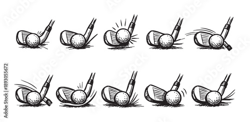 Ten black and white illustrations depict a golf club striking a ball in sequence against a white backdrop, ideal for sports or instructional use.