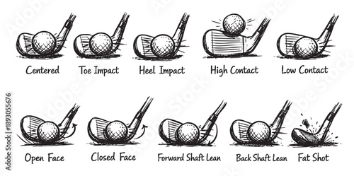 Black and white sketch illustration displaying various golf club and ball contact positions demonstrating different swing flaws and techniques.