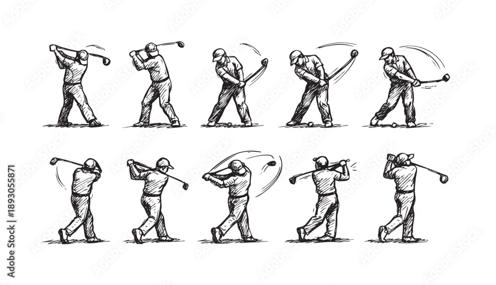 Obraz premium Hand-drawn vector illustration shows a golfer executing a swing sequence, detailed in black and white, perfect for sports or instructional use.