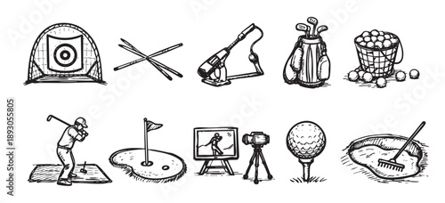 Hand-drawn style illustration of golf equipment and course elements including a net, tee, golf ball, bag, and player in black and white.