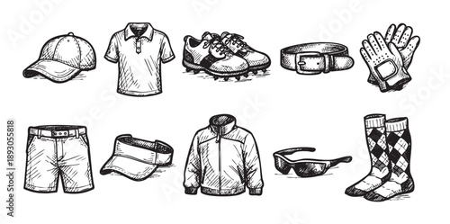 Black and white sketch-style illustration of various golf apparel and accessories, perfect for illustrating golfing, sport, or leisure activities.