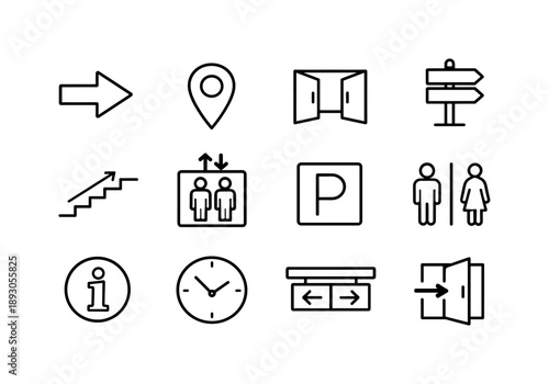 Wayfinding Icon Set. Wayfinding signs. Line icon set of Wayfinding signs: directional arrow, map pin, building entrance, floor directory, stairs sign, elevator