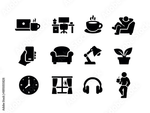 Remote Work Icons. Remote work coffee break. Solid icon set of remote work coffee break: laptop with mug, home workspace, coffee cup icon, relaxed posture,