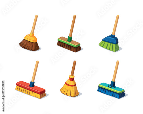 Colorful Broom Icons Set. Broom types. Isometric flat vector icons set of broom types: indoor soft broom, outdoor hard broom, angled corner broom, push broom