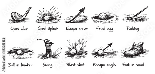 Graphic illustration showcasing various golf course scenarios, including hazards, shots, and equipment, rendered in a vintage black and white sketch style.