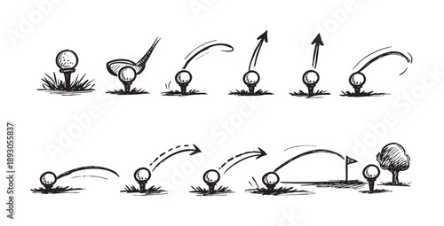 A hand-drawn illustration showing a golf ball's trajectory, starting from the tee, through the air, and landing on the green with a flag and tree, in black ink.
