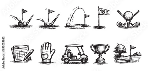 Black and white drawing showcasing various elements of golf, including a golf ball, golf club, golf cart, and trophy, perfect for use in golf-themed designs.