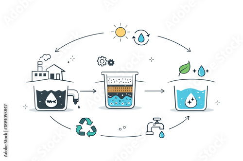 Wastewater System Illustration. Water treatment and waste management solutions. An abstract system view showing wastewater flowing through filters