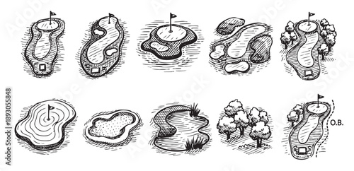 Hand-drawn illustration sketches of golf courses layouts. Various designs of golf holes with greens, bunkers, and trees, perfect for sports or design concepts.