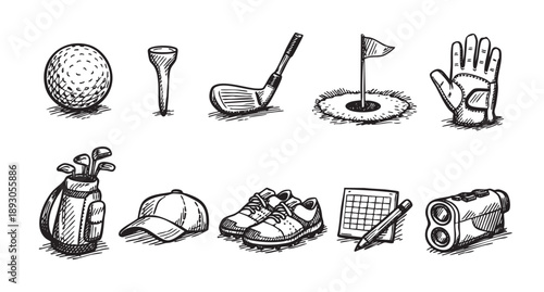 A hand drawn illustration shows golf equipment like a ball, tees, club, bag, shoes, glove, a range finder, calendar, and golf hole in a sketch style.