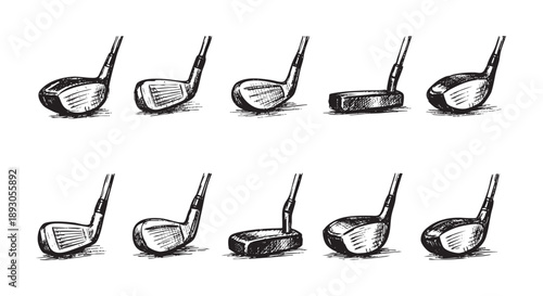 Hand-drawn sketch of golf clubs on a white background, conveying a vintage or retro style and suitable for sports, recreation, or design projects.