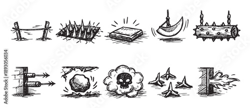 A hand-drawn doodle illustration shows various video game traps and hazards in black ink on a white background, suitable for game design or thematic decoration.