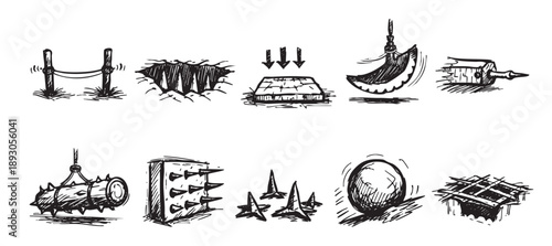 A set of ten illustrations depicting different game traps in black and white line art; they include pits, trip wires, spikes, and swinging blades.