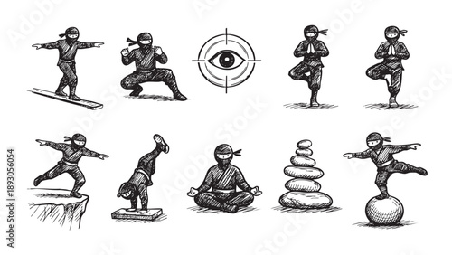 Hand-drawn illustration showcases ninja characters training, meditating and balancing, creating an athletic and mindful concept design.