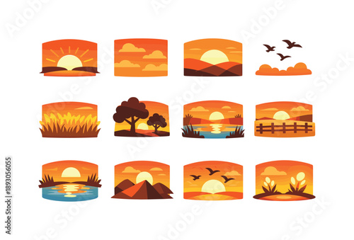 Sunset Valley Icons. Sunset Valley. Colorful flat vector icons set of Sunset Valley: glowing horizon, orange sky, sun dipping behind hills, long shadows,