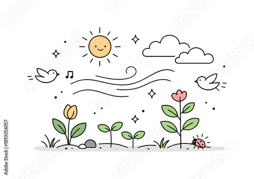 Gentle Spring Breeze. Early spring weather illustration. A calm outdoor scene with light clouds, gentle sun, and fresh breeze lines moving through young