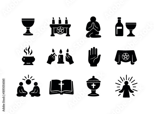 Spiritual Icon Set. Spiritual ceremony. Solid icon set of Spiritual ceremony: ceremonial chalice, ritual altar, prayer posture, sacred wine, incense smoke,