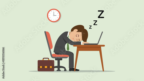 Tired businessman sleeping at his office desk for work burnout, exhaustion, and overtime stress concept.