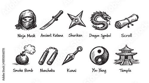 Hand-drawn sketch illustration of ninja equipment and symbols including mask, katana, shuriken, dragon, scroll, smoke bomb, nunchaku, kunai, yin-yang, temple.