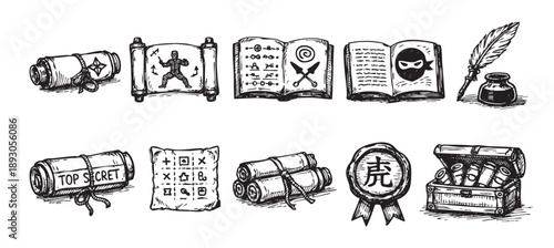 Black and white sketches of various spy objects including scrolls, a treasure chest, ink well, and ninja guide for covert ops.