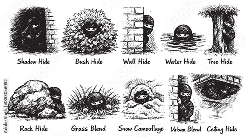 Black and white cartoon illustration showing a character hiding in shadow, bush, wall, water, tree, rock, grass, snow, urban setting, and ceiling; concept of camouflage and stealth.