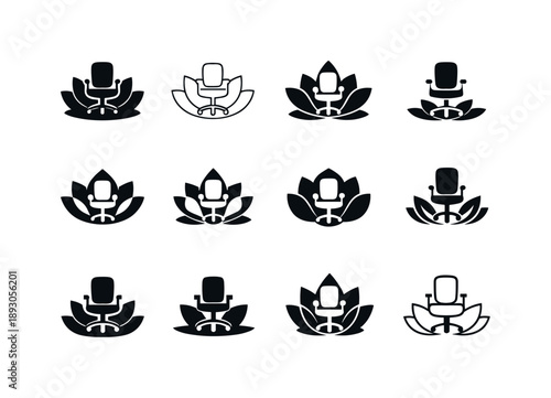 Mindful Office Icons. Mindfulness at work. Icon set. Set Logo of Mindfulness at work: calm office chair with lotus. harmonious logo variations of the same