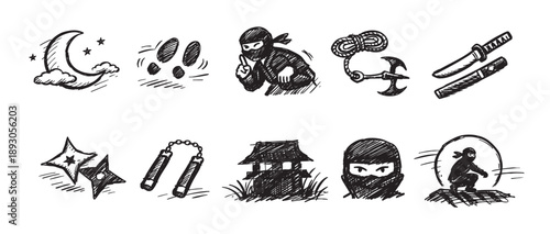 A black and white vector illustration of various ninja elements sketched on white, including ninja, weapons, a house and footprints.