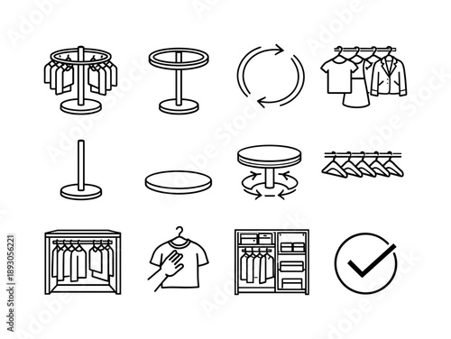 Rotating Clothing Rack Icons. Creating a Rotating Clothing Rack for Easy Access. Line icon set of Creating a Rotating Clothing Rack for Easy Access: rotating