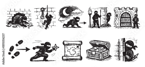 Ink sketch comic strip illustrates ninja actions including infiltration, climbing, crawling, fighting, map reading, and finding treasure, set against a stylized background.