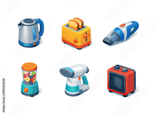 Colorful Appliance Icons. Portable home appliances. Isometric flat vector icons set of Portable home appliances: portable electric kettle, compact toaster,