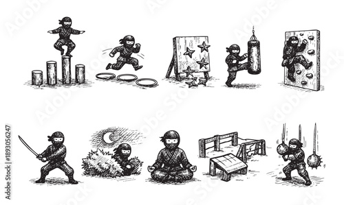 Hand-drawn illustrations showing a ninja practicing various skills including climbing, sword fighting, meditation, and obstacle course activities, all in black and white.