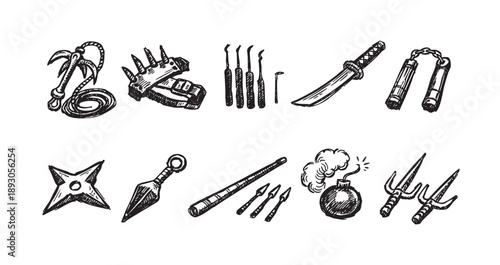 Vector illustration of various ninja weapons, including nunchucks, shuriken, katana, and other tools, drawn in a sketch style against a clean white background.