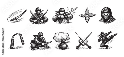Hand-drawn vector set featuring ninja characters in various poses and traditional weapons like swords, shurikens, and nunchucks, rendered in black and white sketch style.