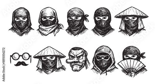 Black and white sketch illustration featuring a collection of ninja warriors, with varying masks, hats and gear; perfect for graphic novels.